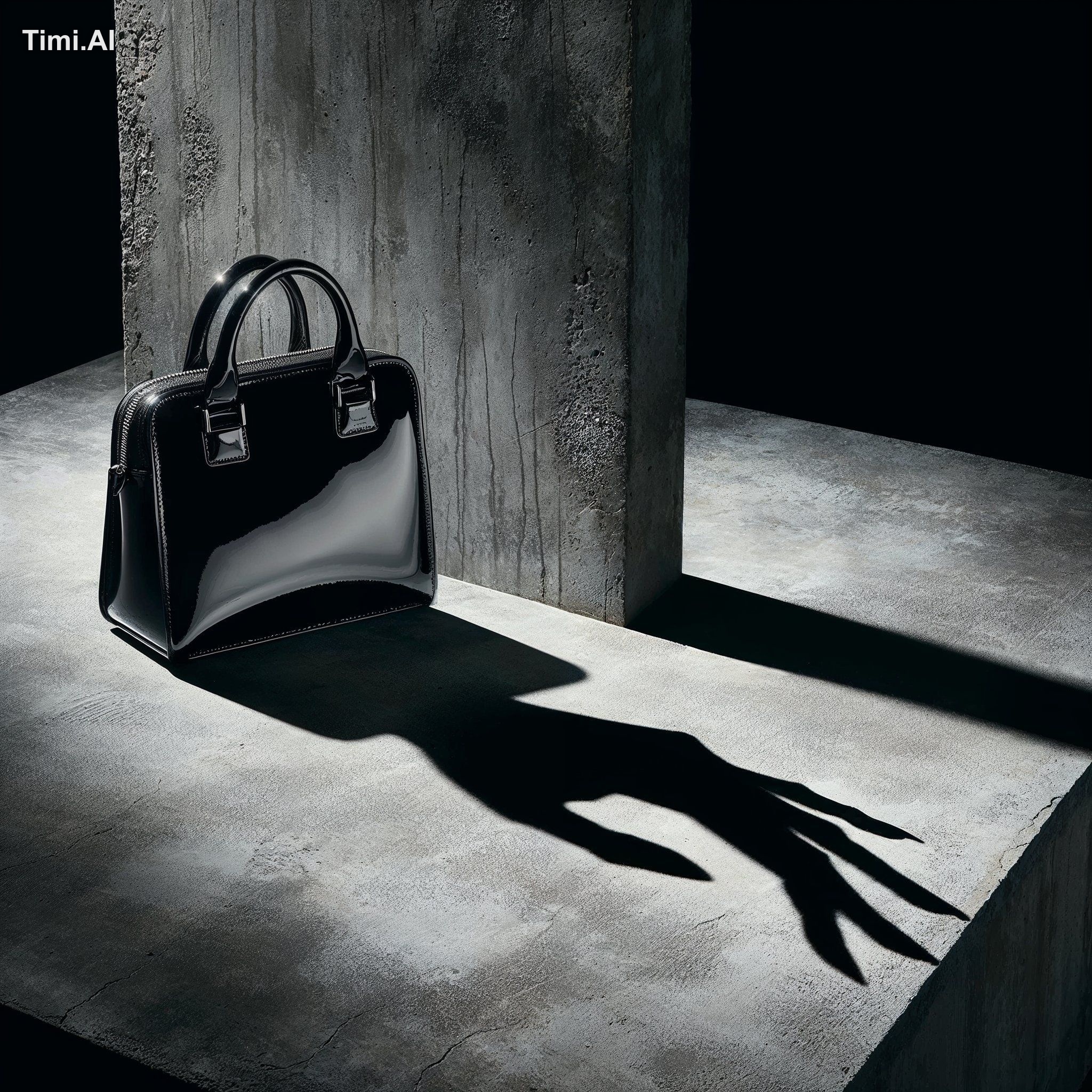 A sleek black patent leather purse, positioned prominently o