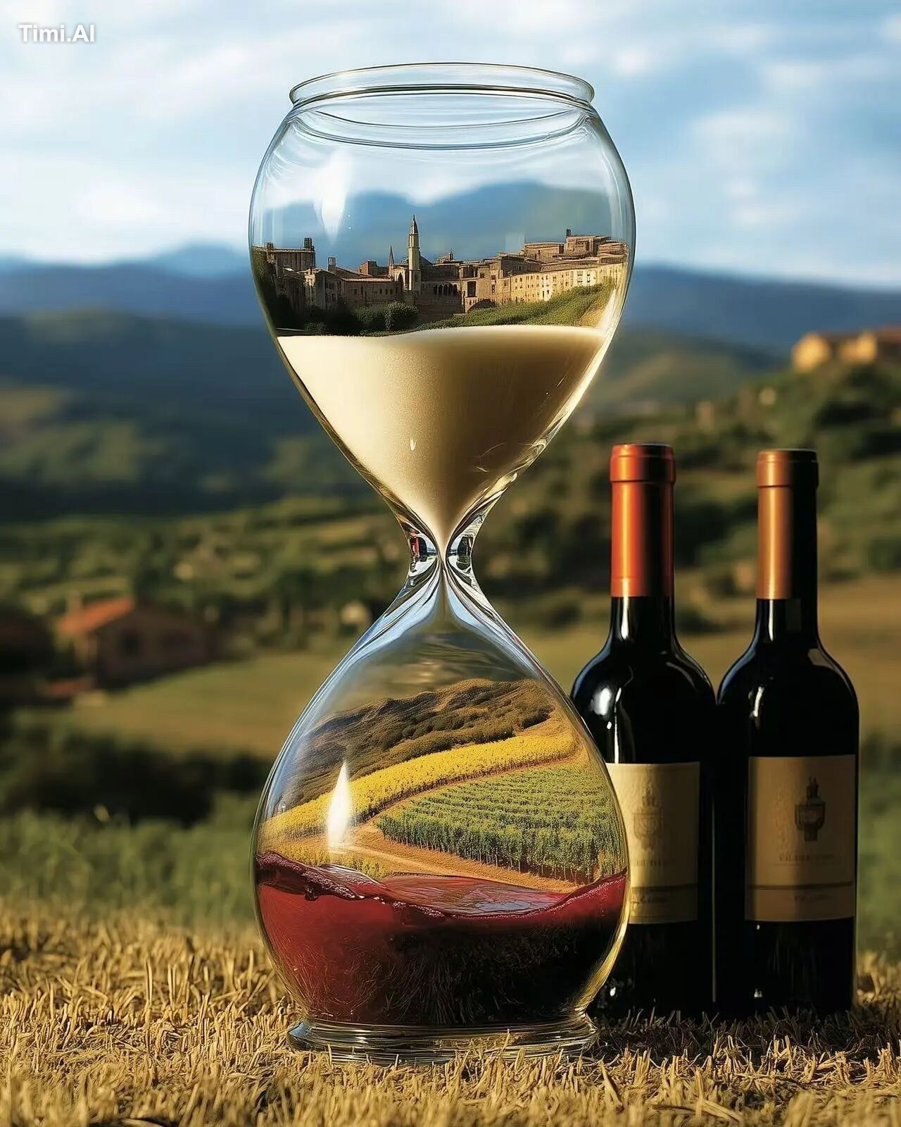 An hourglass from which wine flows from top to bottom. At th