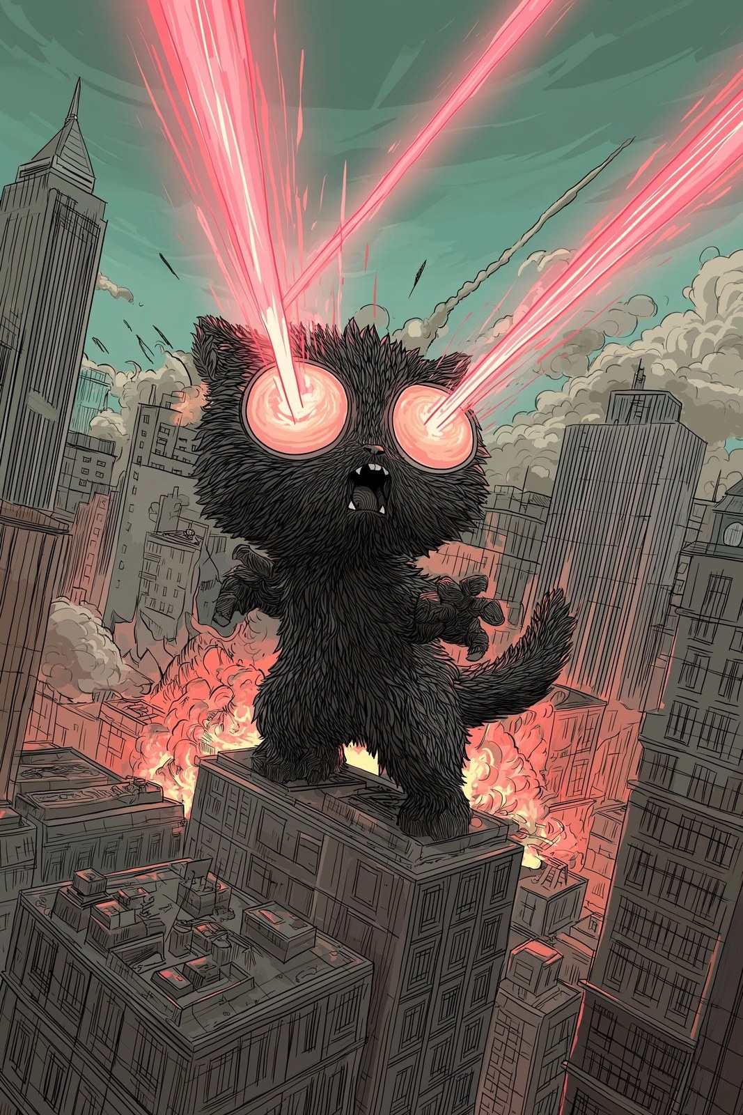 Cartoon Kitty Godzilla shooting lasers down from eyes crushi