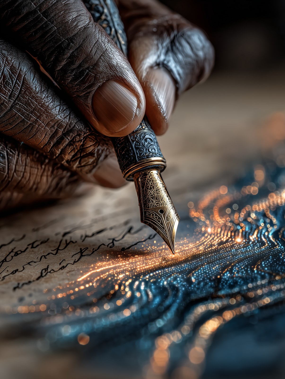a hand writing with a fountain pen on old parchment, forming