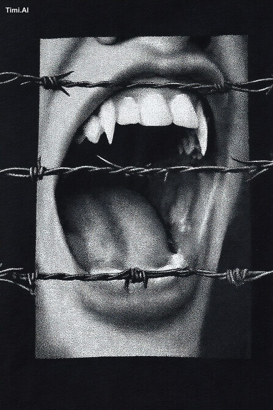A black metal band T-shirt design featuring an open mouth wi