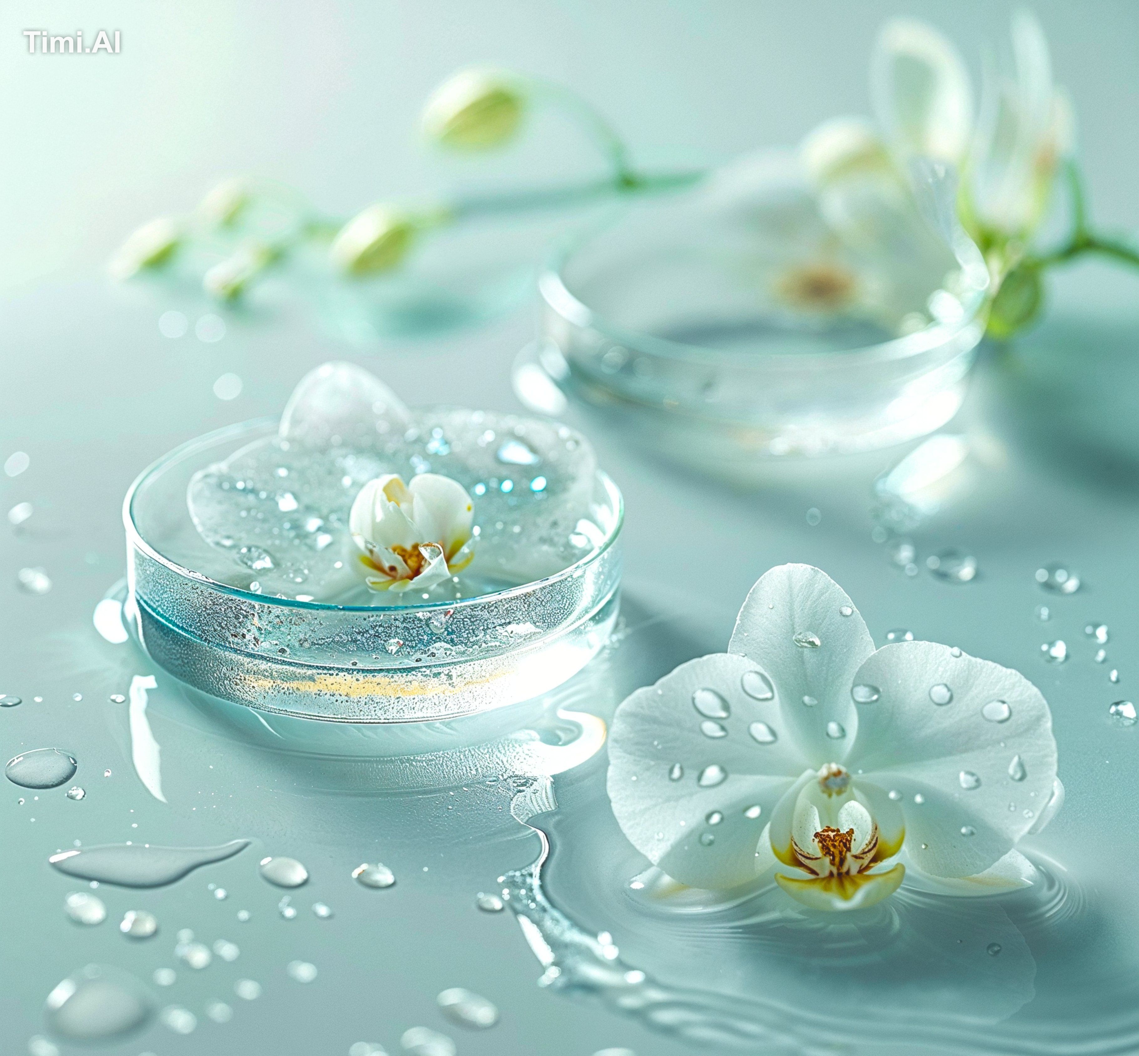 Two petri dishes with water and orchid flowers, on a white b