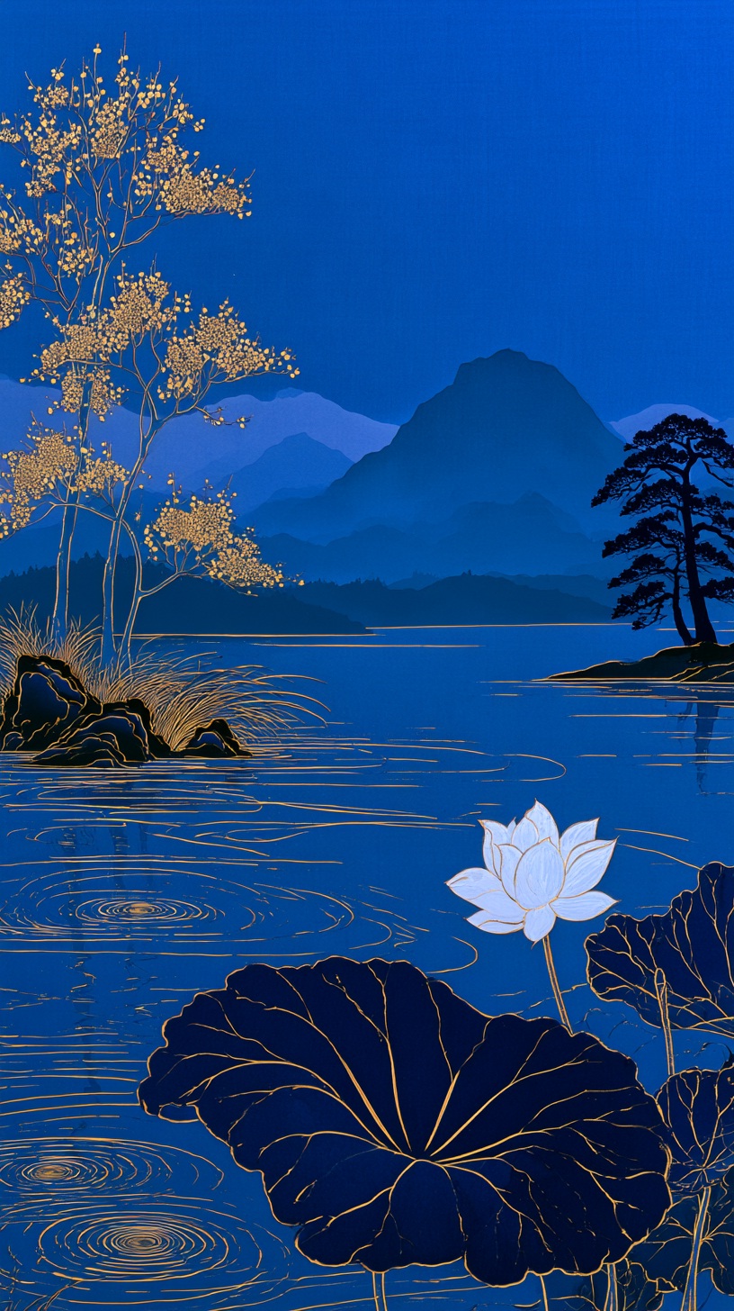 a serene landscape featuring a lake with mountains in the ba