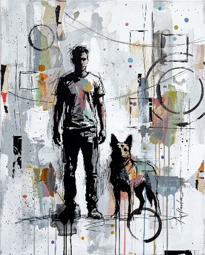 Contemporary mixed-media urban painting of [HUMAN], wearing 