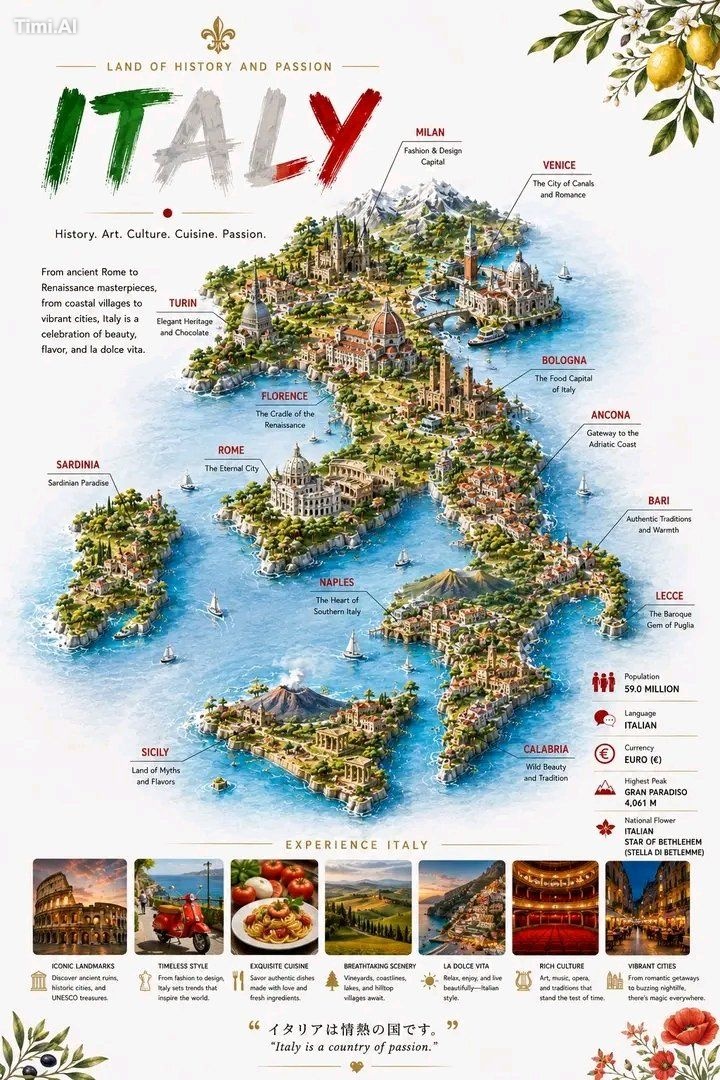Create a vibrant 3D illustrated travel infographic map of *I