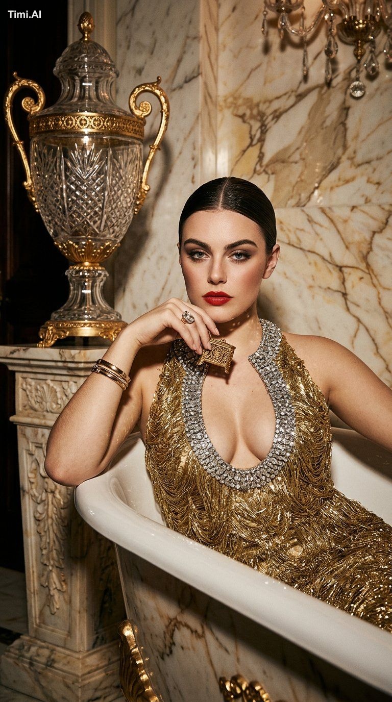 {
  "scene": "High-fashion editorial portrait in a luxury es