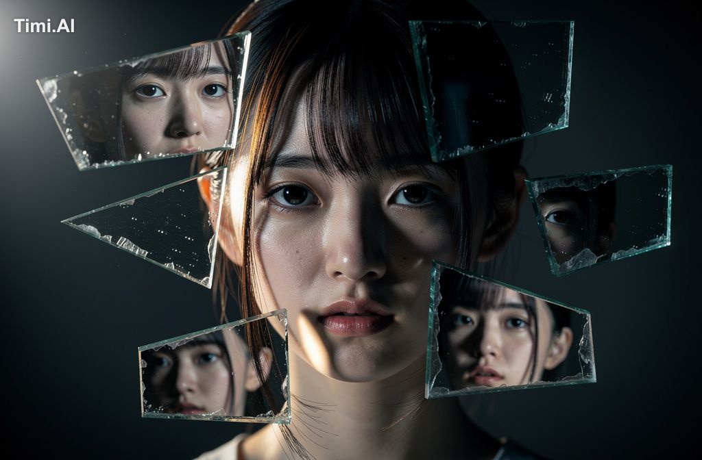 20代の若い日本人女性、断片化された鏡のような効果のポートレート、顔の周りに浮かぶ複数の反射破片、それぞれの破片がわずか