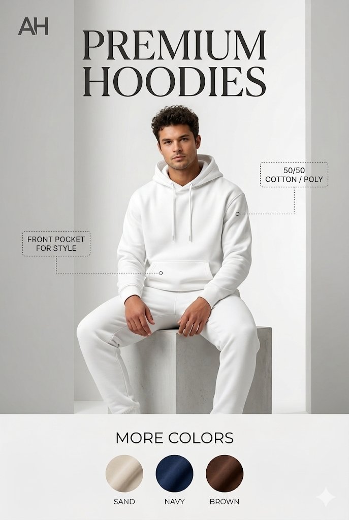 Create a premium fashion advertisement poster for “AH” hoodi