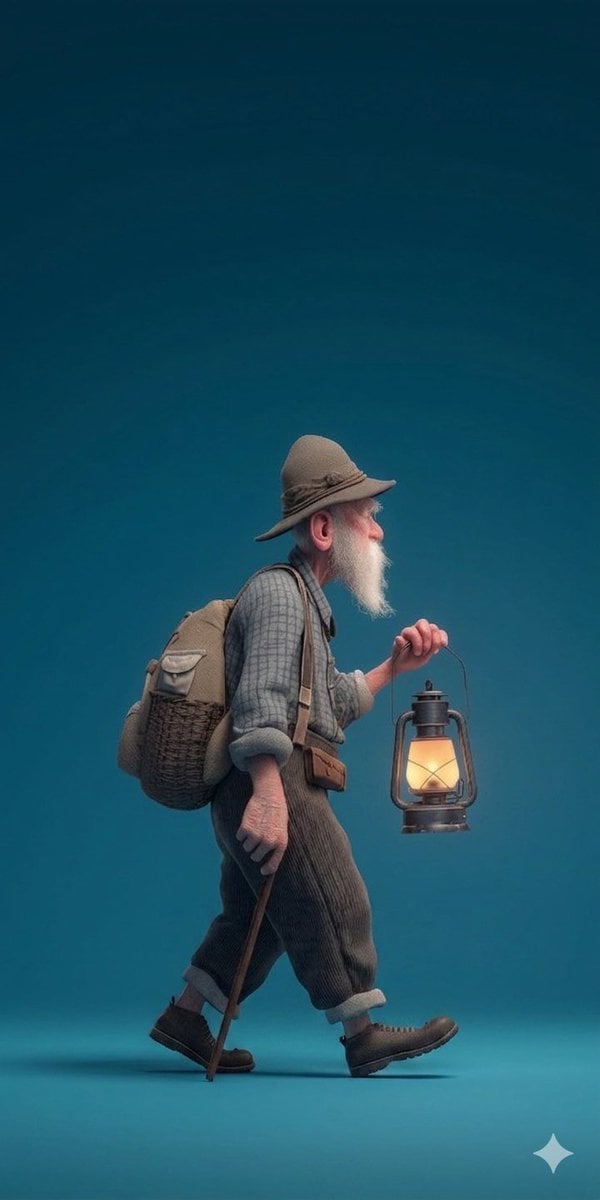 A stylized 3D rendered full-body profile portrait of an eld