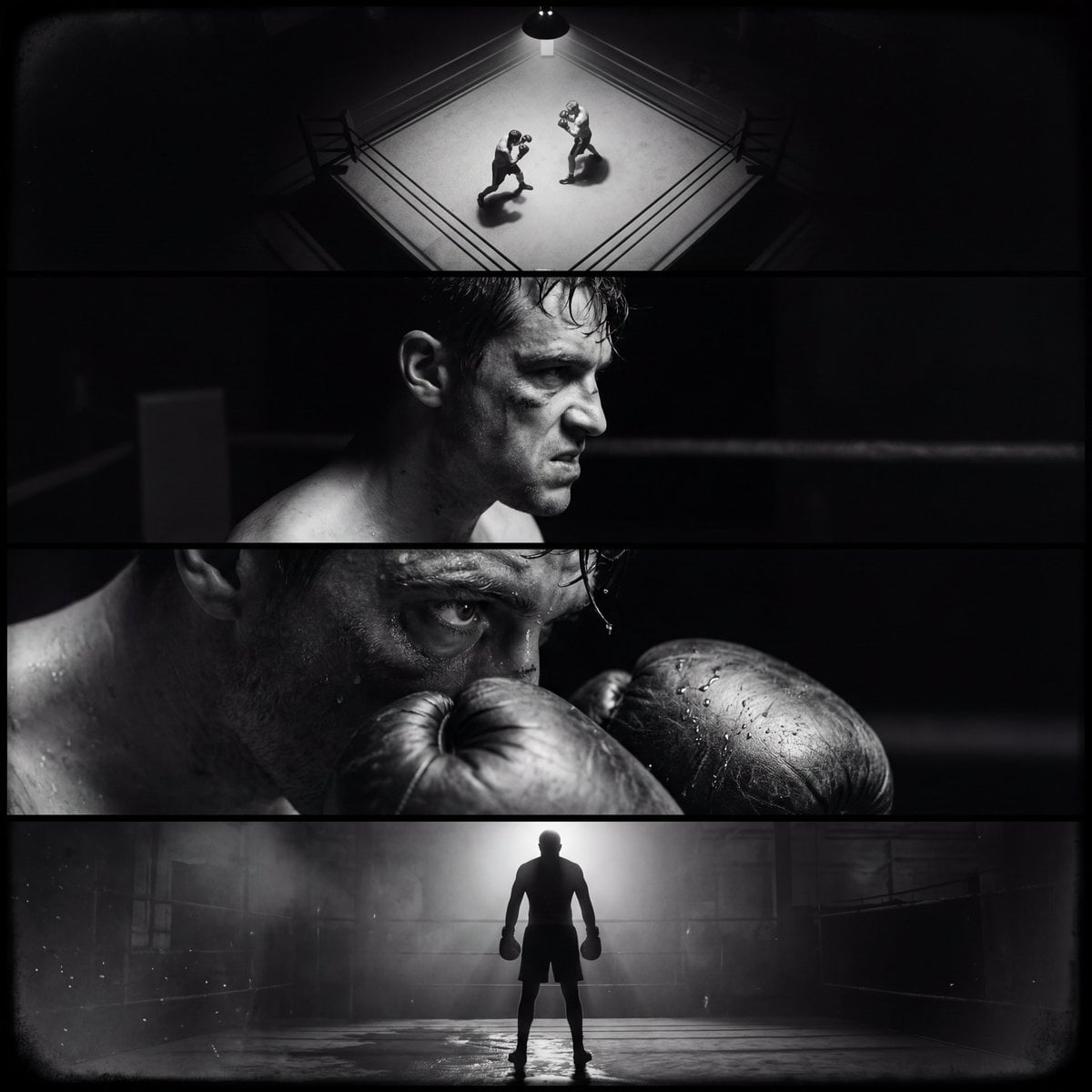 Create a single film noir–style cinematic image divided into