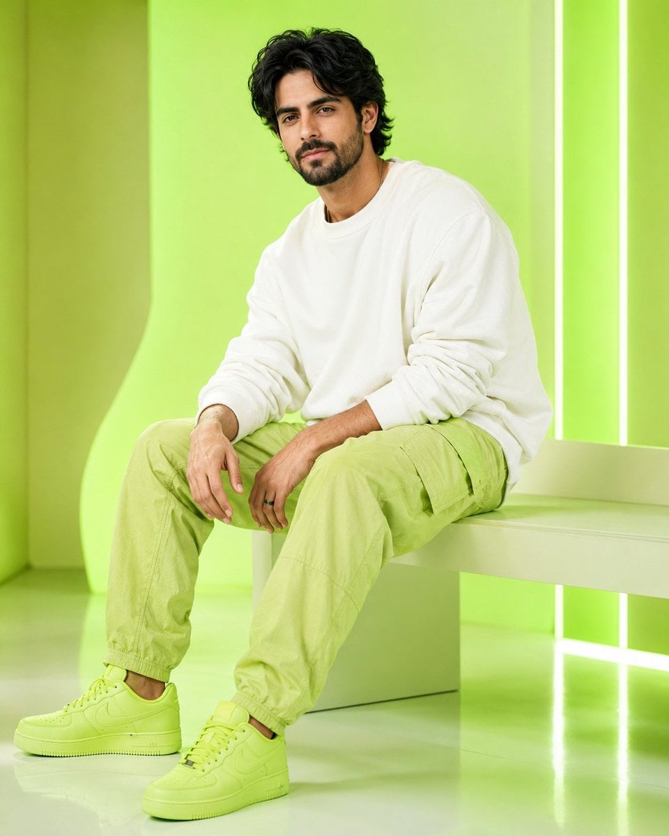 Ultra-realistic fair handsome young Indian man sitting on a 