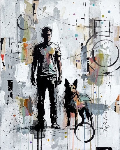 Contemporary mixed-media urban painting of [Human Name], wea