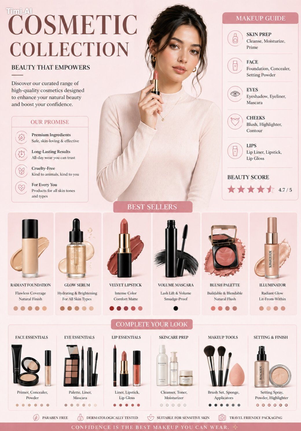 A professional cosmetic brand infographic in a soft aestheti