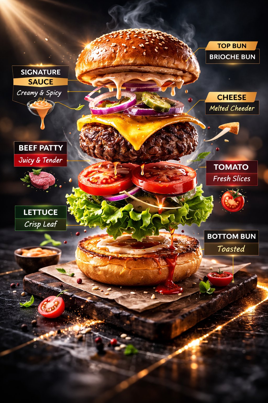 Ultra-appetizing commercial photograph of a gourmet beef bur
