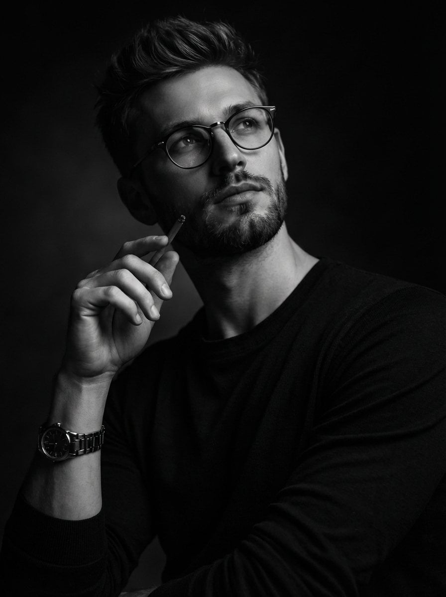 A dramatic black and white studio portrait of a thoughtful m