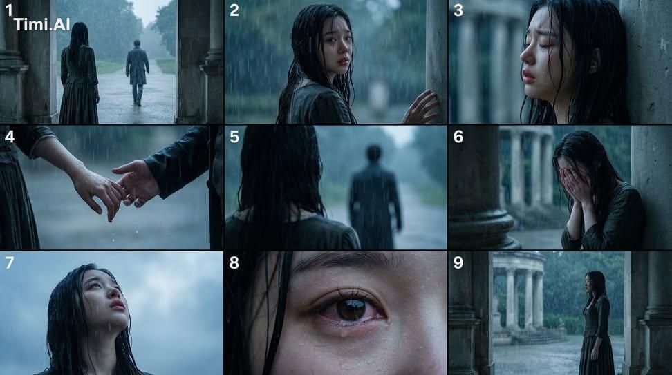 Create a 9-panel cinematic storyboard set in a rainy, melanc