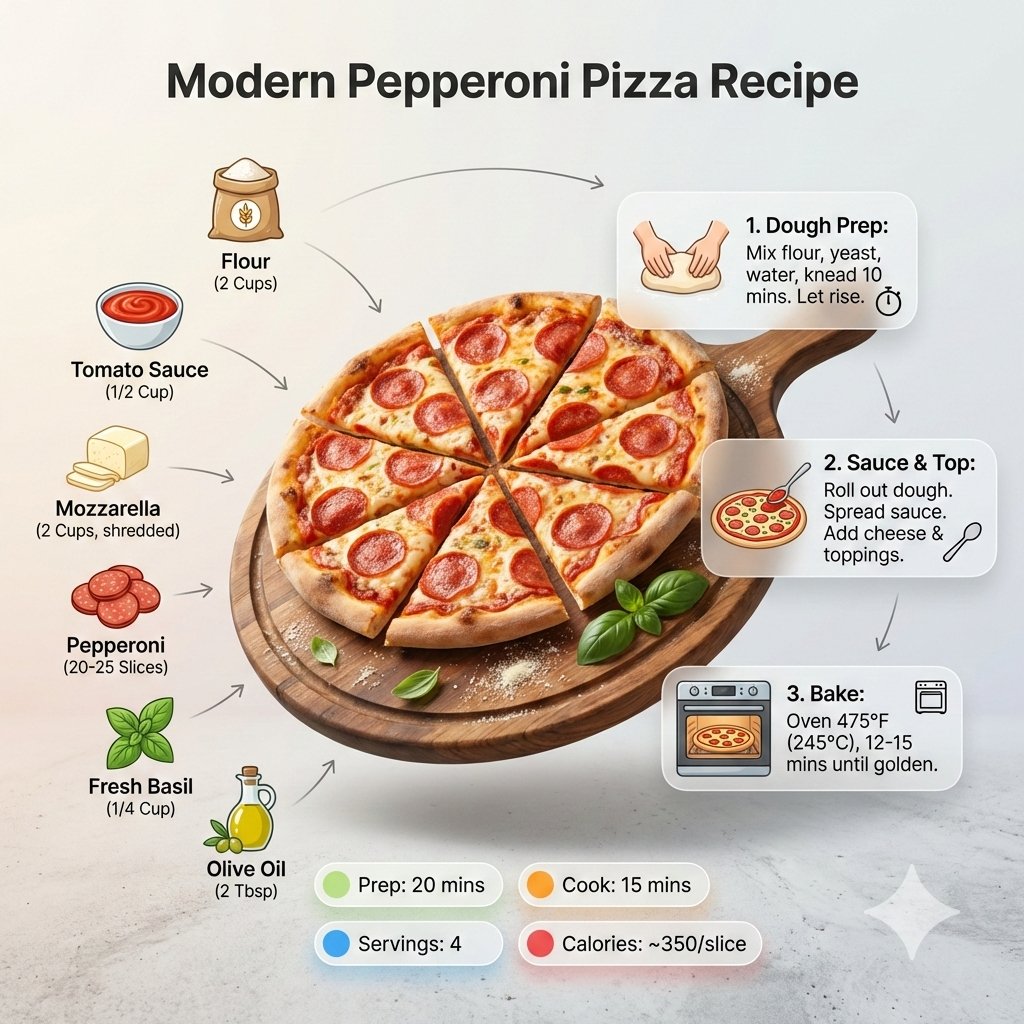 Ultra-clean modern recipe infographic. Showcase Pizza in a