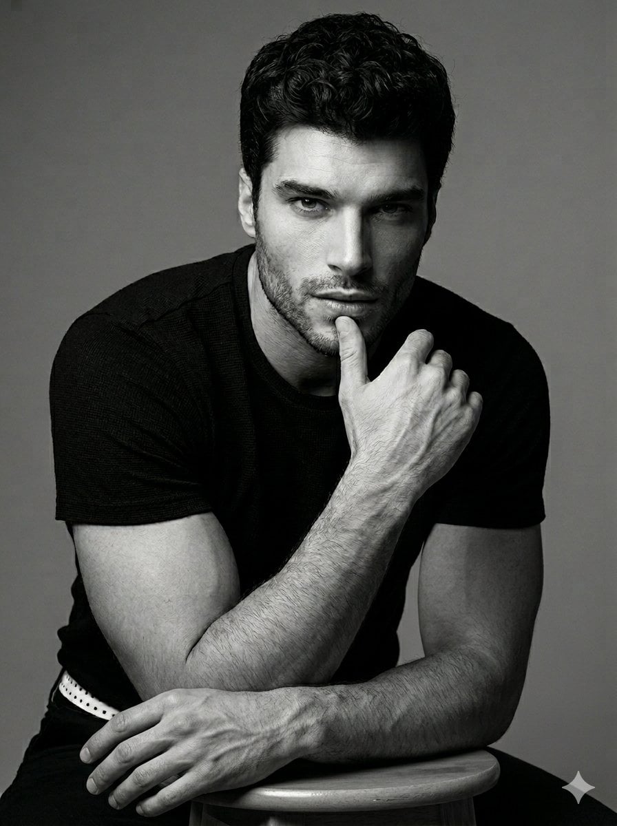 A professional black and white studio portrait of a handsome