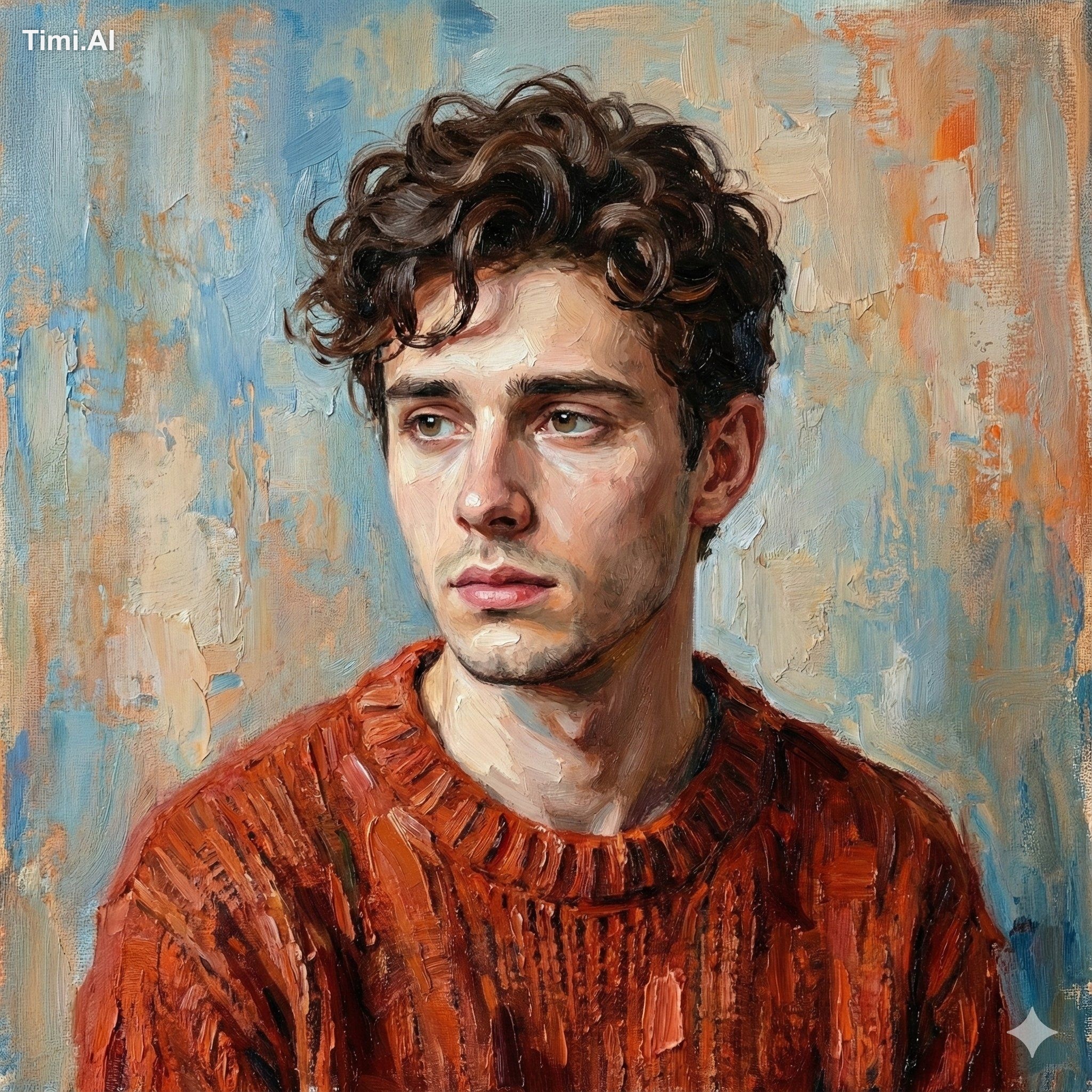 A digital oil-painted bust portrait of a slender young man (