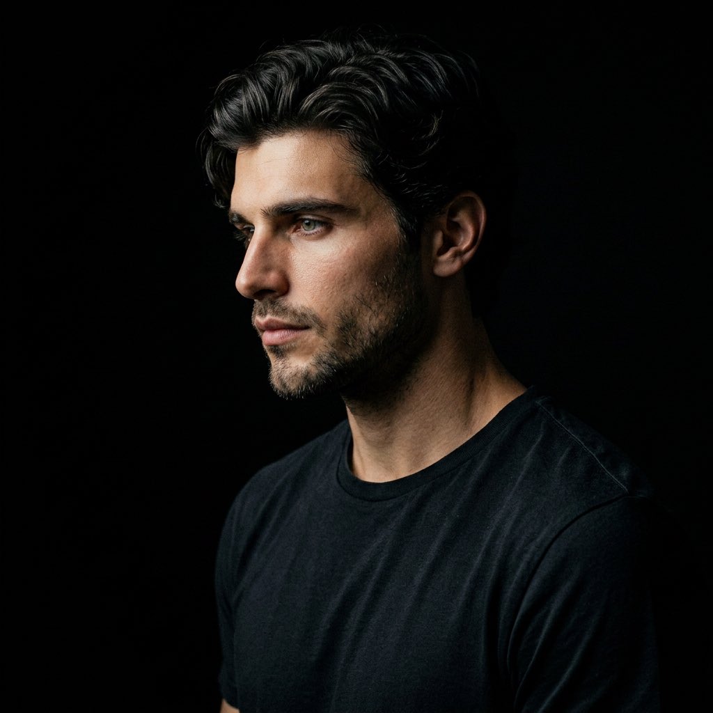 .
Create a powerful black-and-white cinematic portrait using