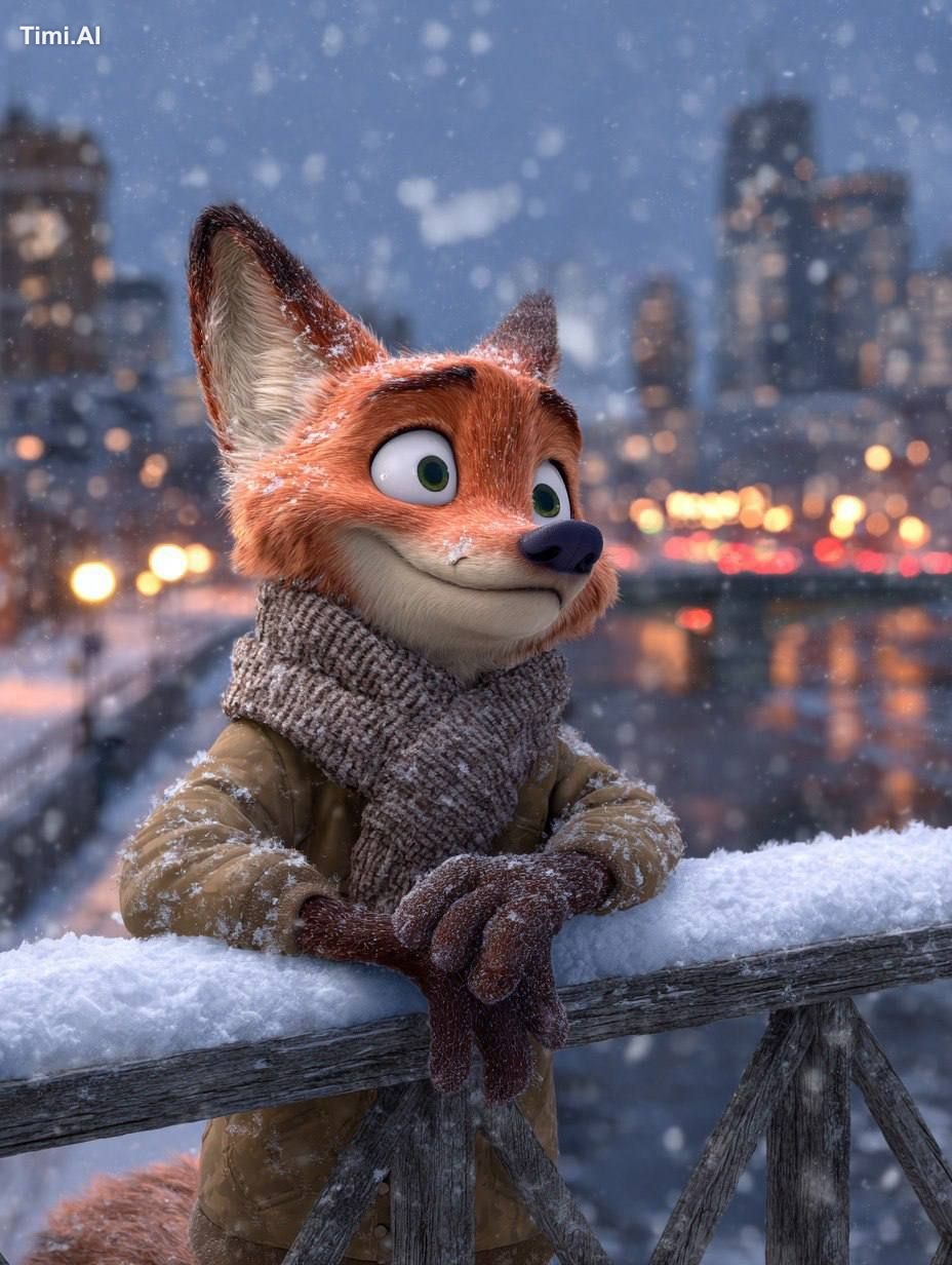 An anthropomorphic fox character standing on a snowy bridge