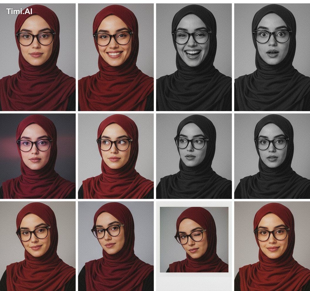 Create a 12-image grid showing the same woman with identical