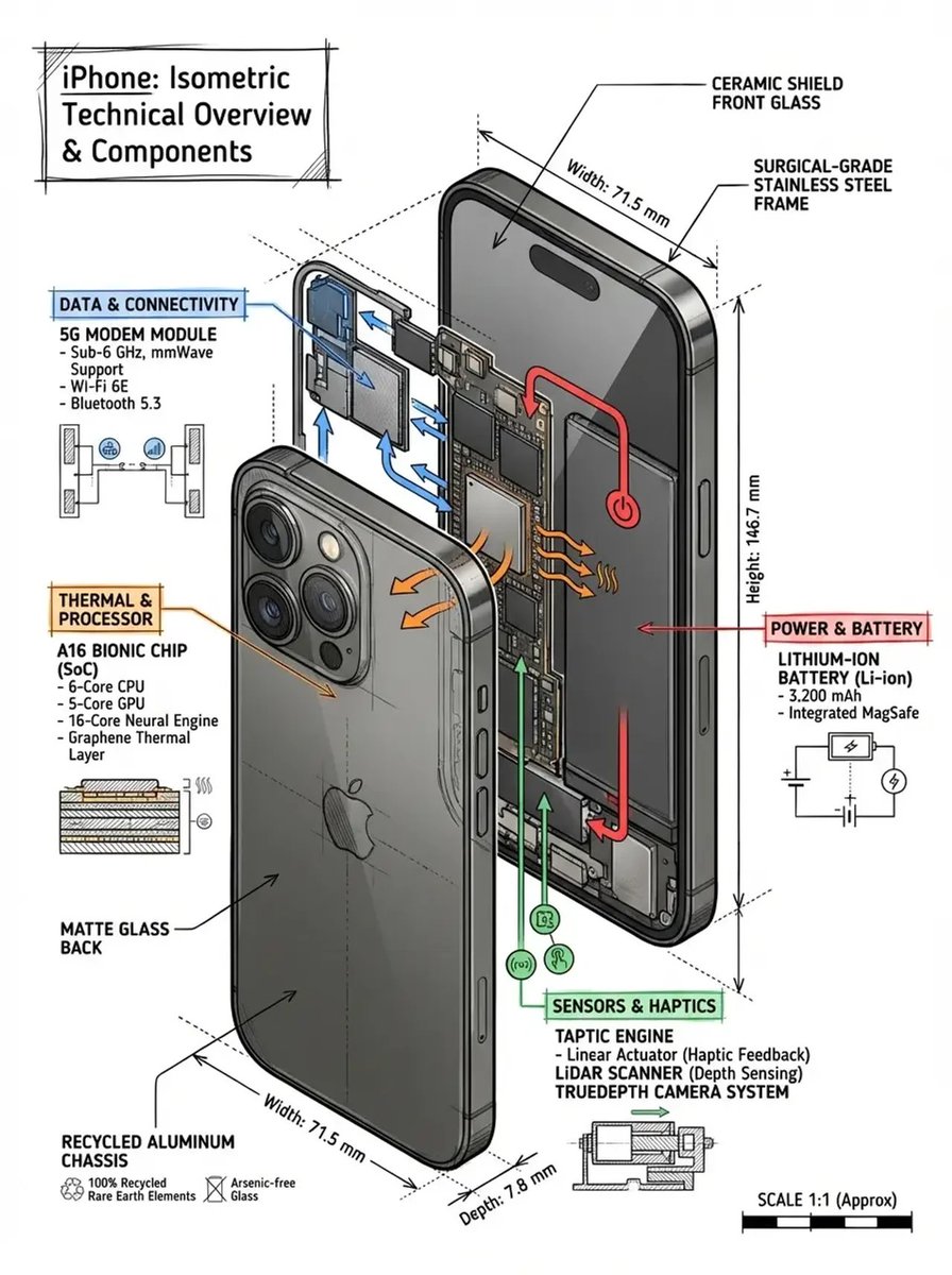 Create a technical infographic of [OBJECT] with a 45-degree 