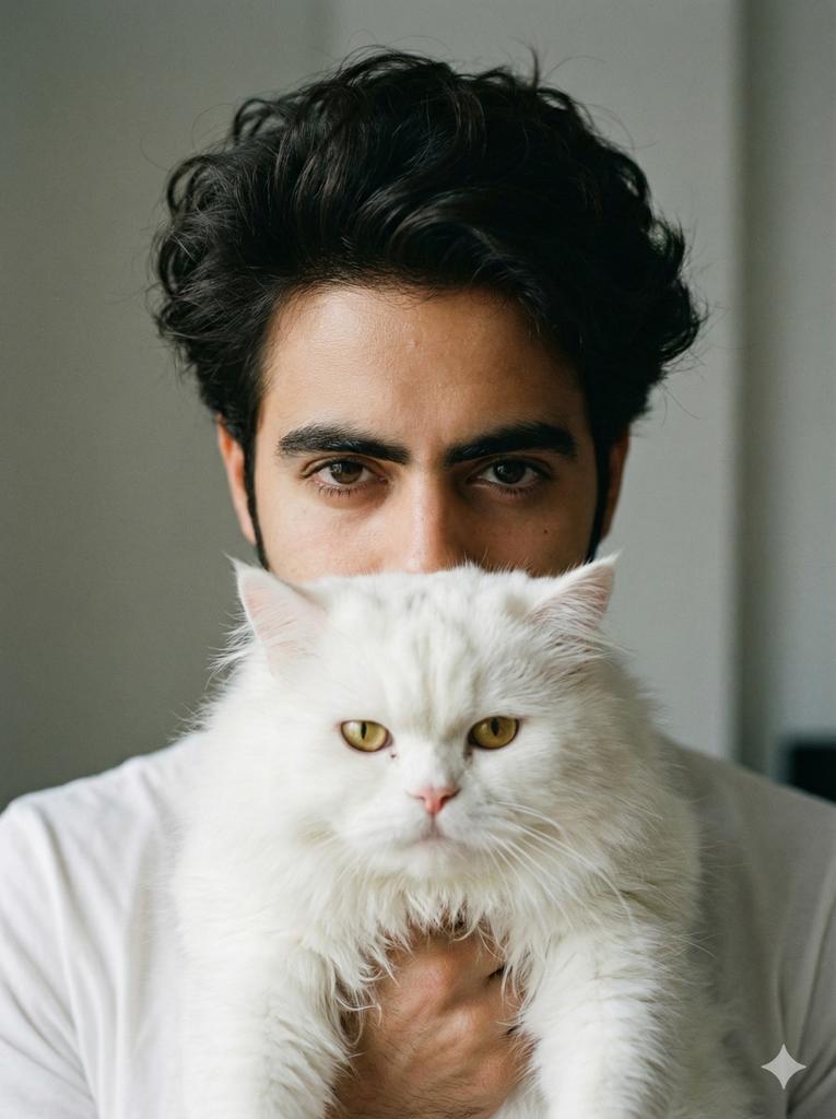 Close-up portrait of a young man Noor with long messy, volu