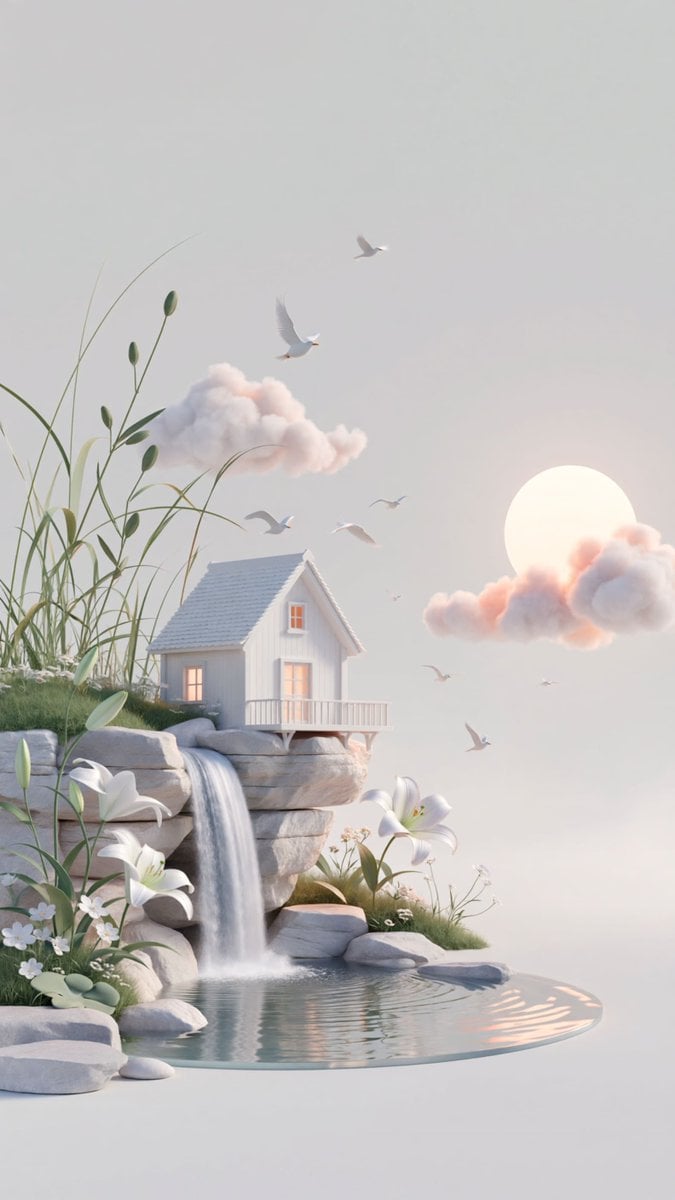 dreamy surreal 3D illustration, vertical composition with a