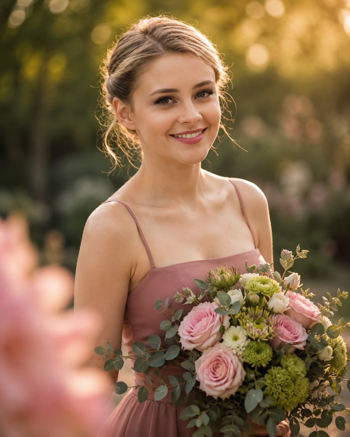 Wide romantic garden editorial shot, young woman in dusty ro
