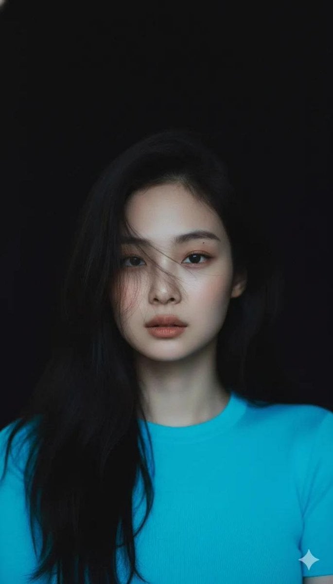 Create Moody cinematic portrait of a young woman with clear 