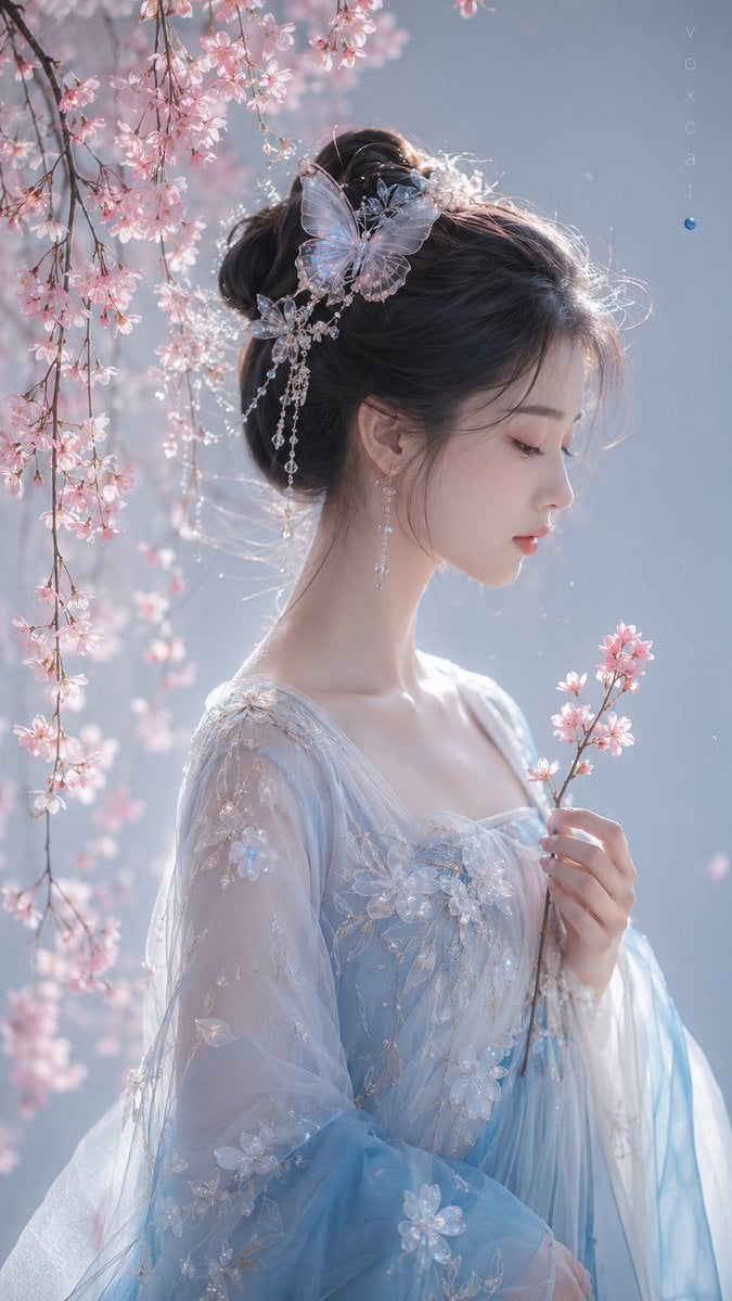 一位清冷古风少女侧脸半身人像，黑色盘发，发间有半透明蝶形发饰，闭眼或微垂眼，神情安静温柔，手中轻托一枝粉色樱花，头顶与画