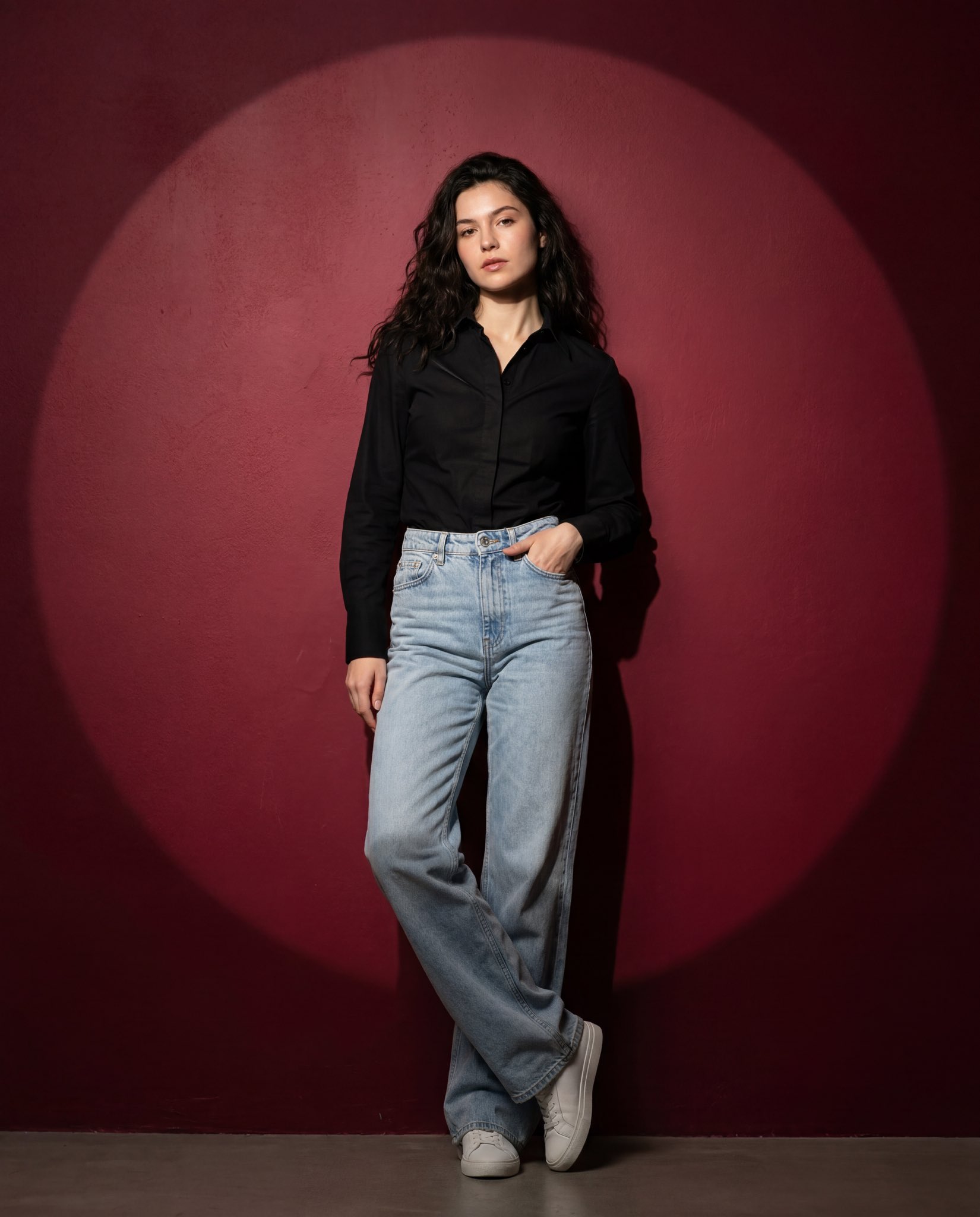 Full-body fashion portrait of a confident woman standing aga