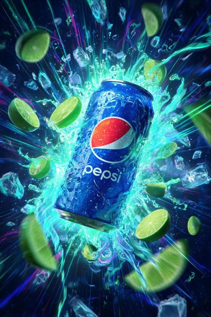 {
"Ultra-dynamic cinematic advertisement of a blue cola can