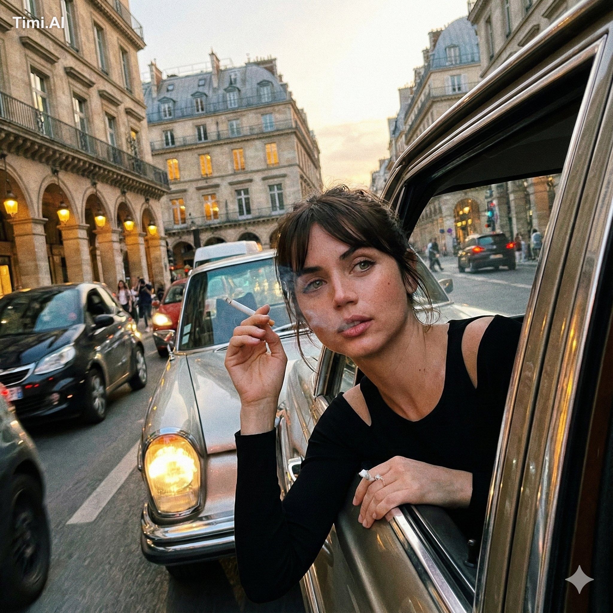A candid, spontaneous snapshot of a young woman leaning casu