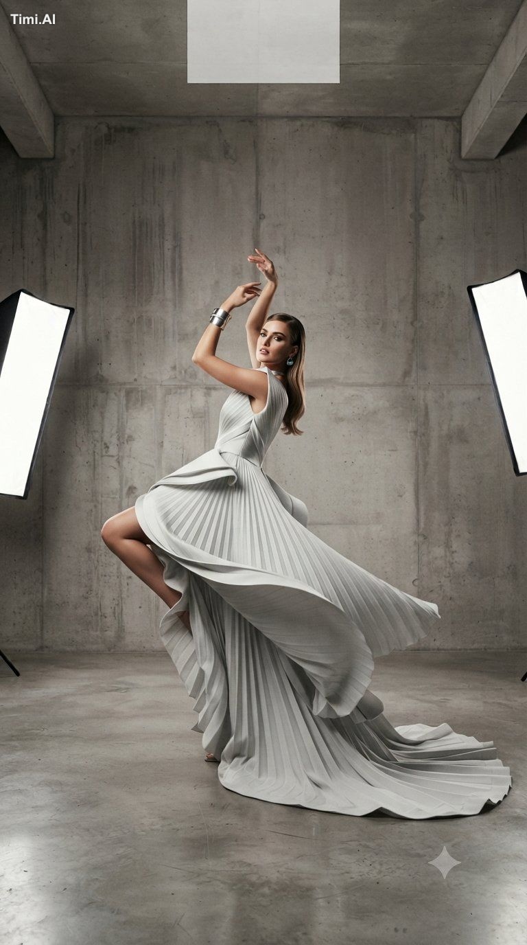 A professional studio fashion editorial featuring a model po