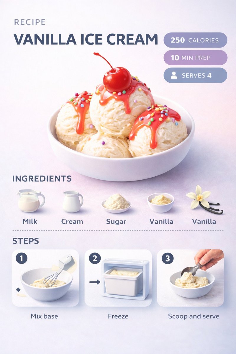 Ultra-clean modern recipe infographic. Showcase Vanilla Ice