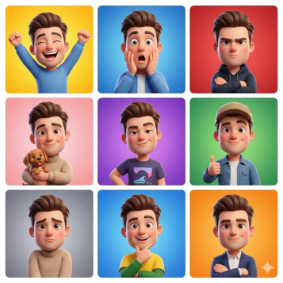 3D cartoon avatar character showing different emotions arran