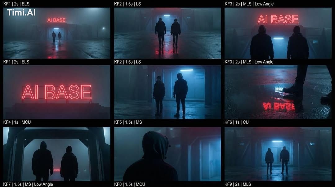 Cinematic sci-fi storyboard in a 3×3 grid showing two hooded
