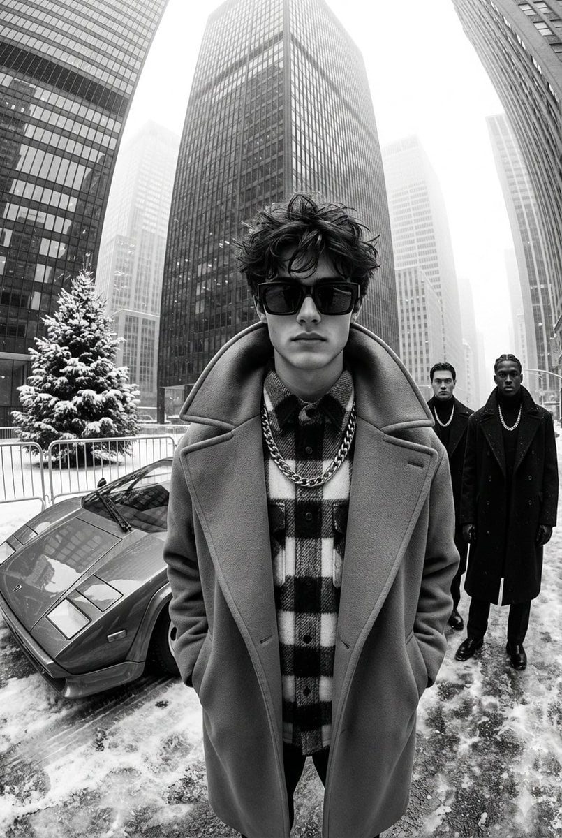 A black-and-white, high-contrast, ultra-glamorous street fas
