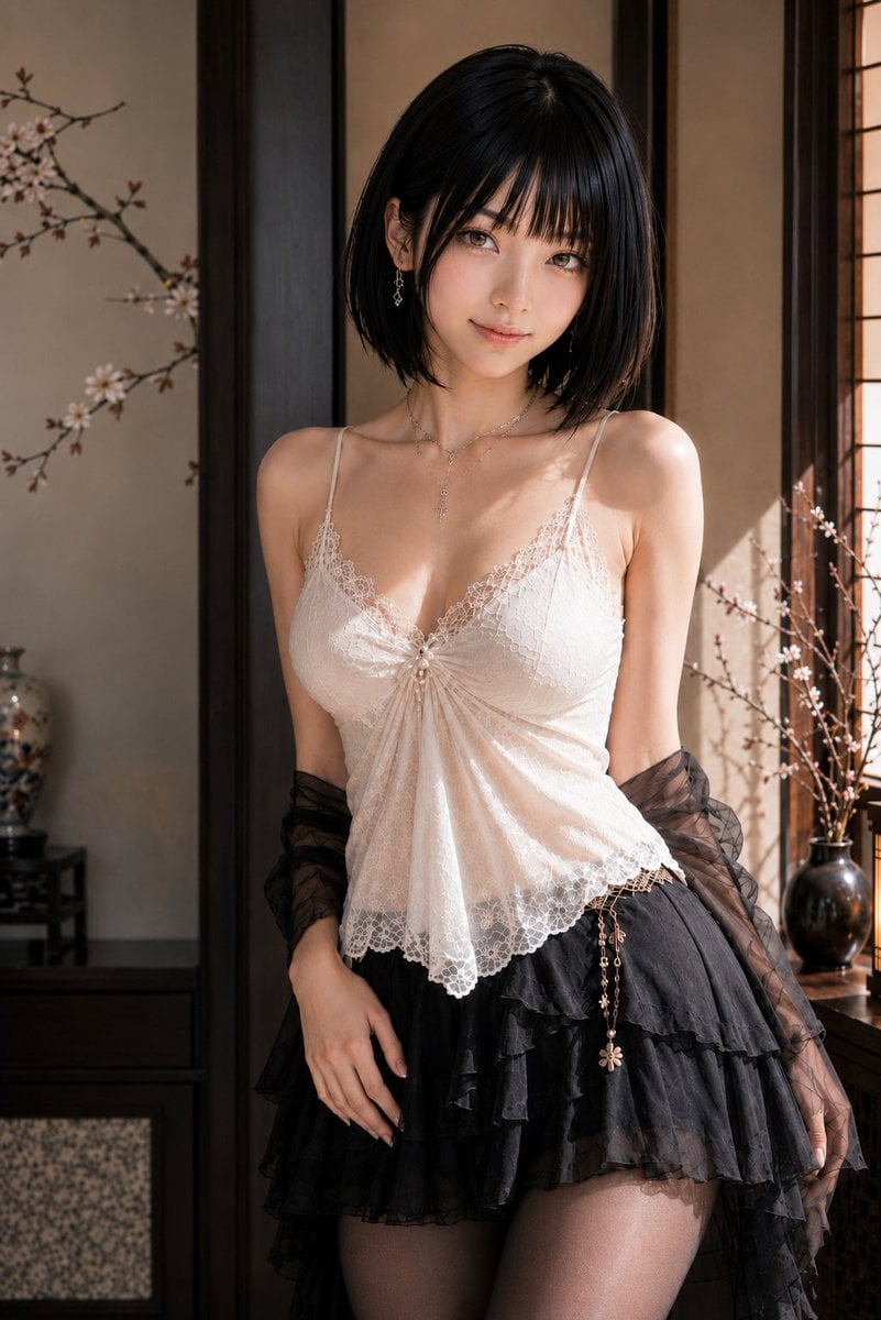 主題：
障子の午後

人物・表情：
20代女性。明るいアイボリーベージュ寄りの白肌で、ほんのりピンクの血色を含んだなめら