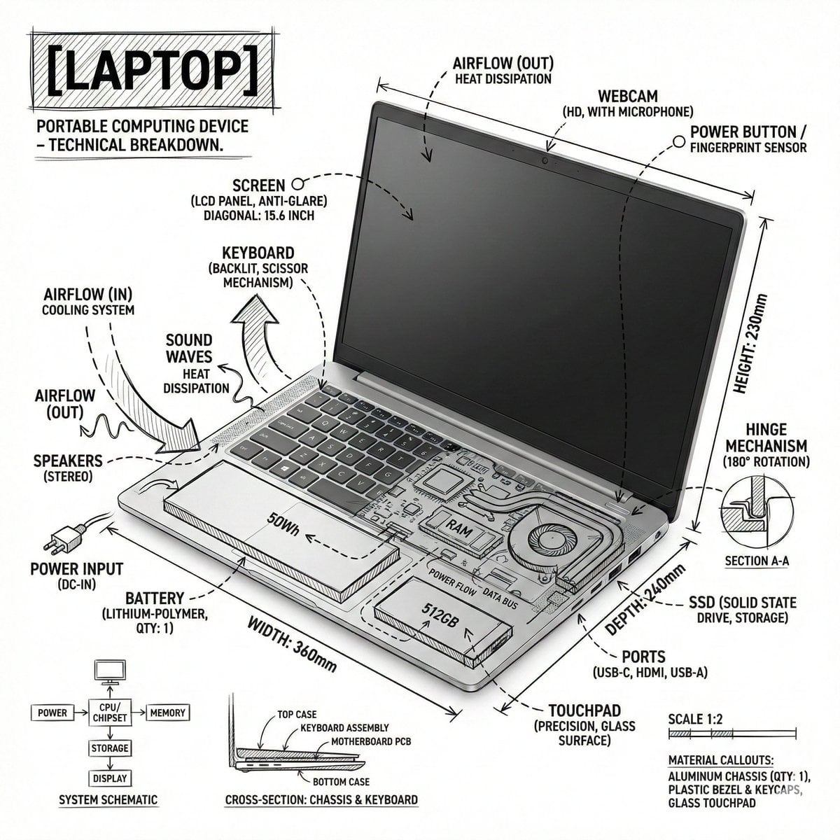 Create an infographic image of laptop ,combining a realistic