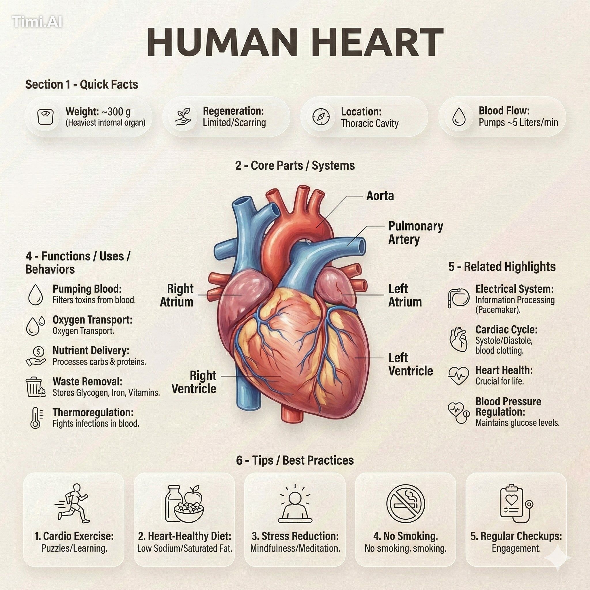 Educational infographic poster titled 'HUMAN HEART'. Center