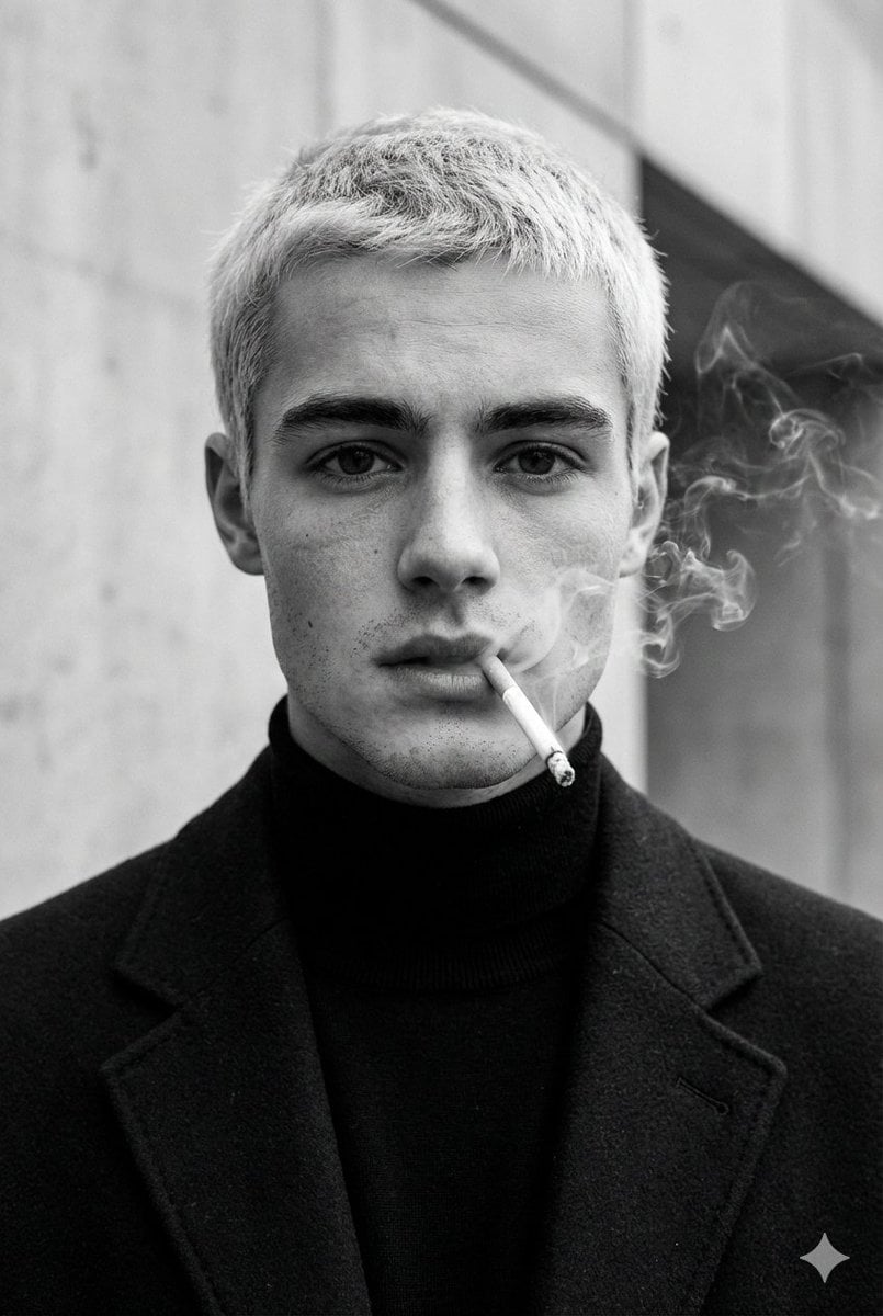 Ultra-realistic fashion black and white portrait of a man wi