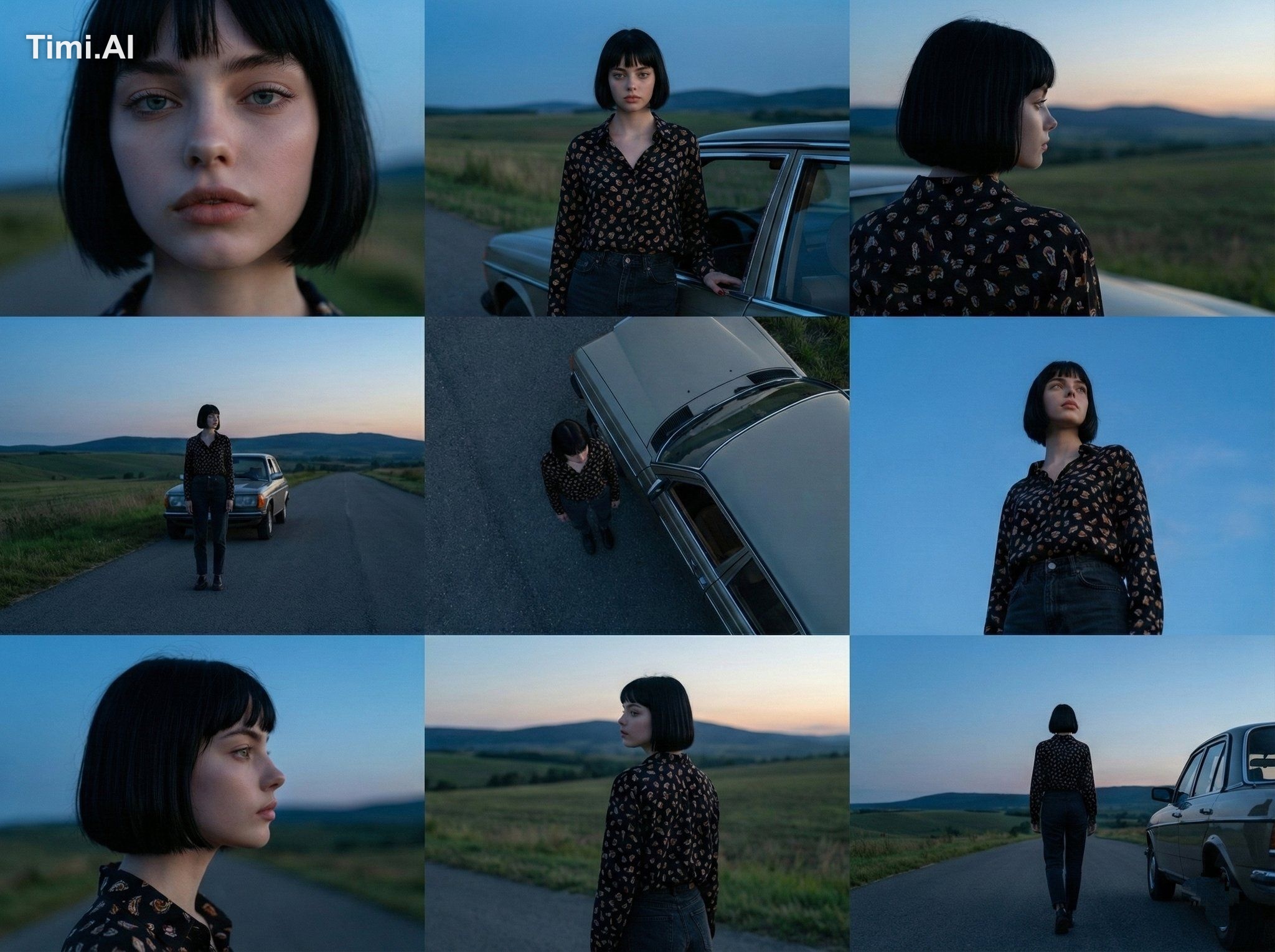 A cinematic 3×3 grid presenting multiple camera angles of th