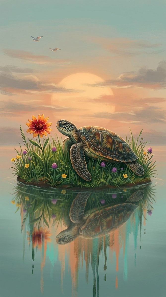 A digital fantasy illustration of a small turtle resting on