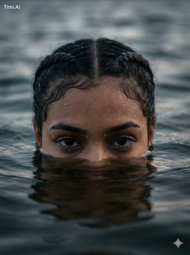 Extreme close-up portrait of a woman emerging from dark wate