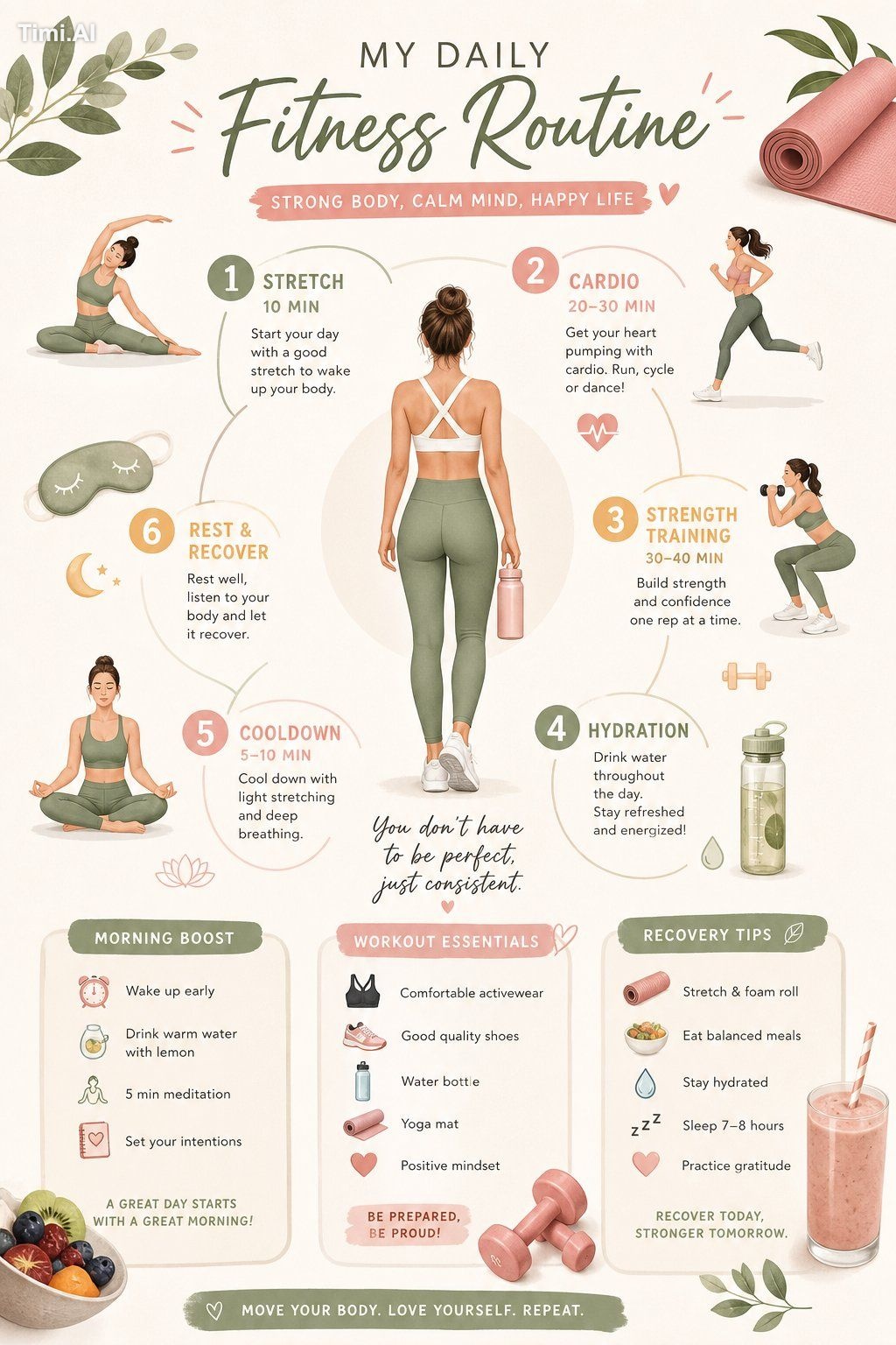 A bright, aesthetic lifestyle infographic showing a daily fi