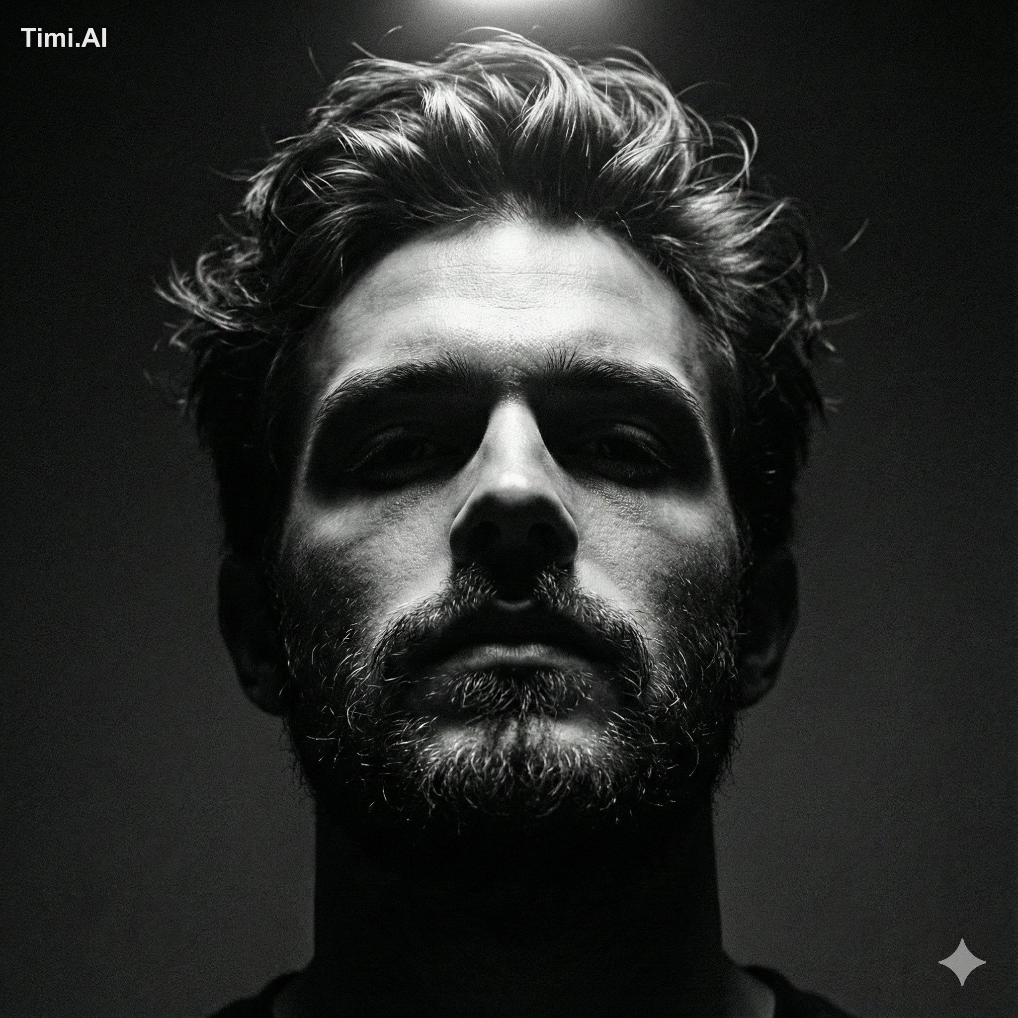 Close-up black and white portrait of a man with tousled hair