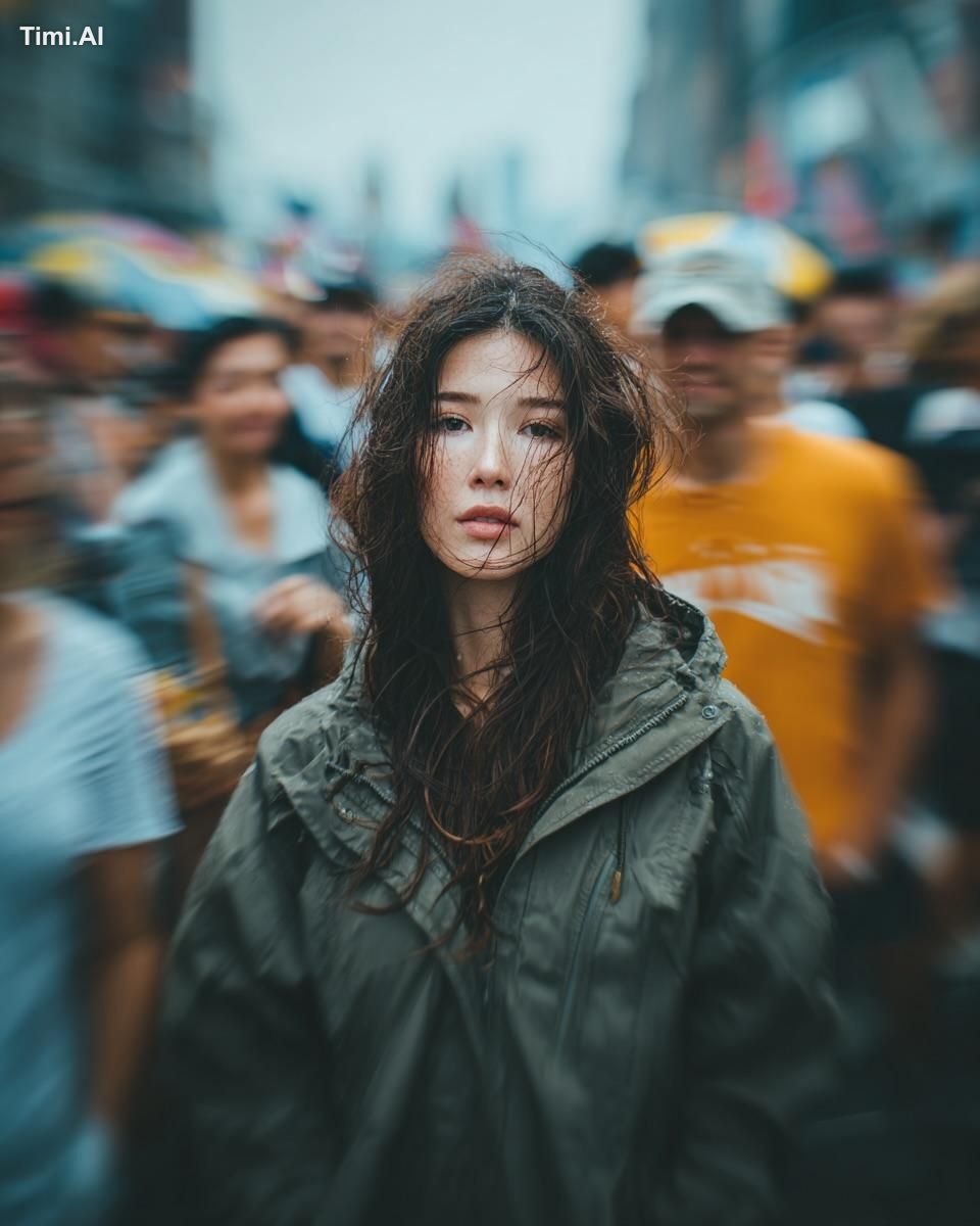 candid street portrait, subject centered sharp, crowd motion